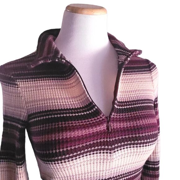 BDG Bunny Striped Thermal Waffle Knit Quarter Zip Long Sleeve Crop Top Purple M - Picture 6 of 12